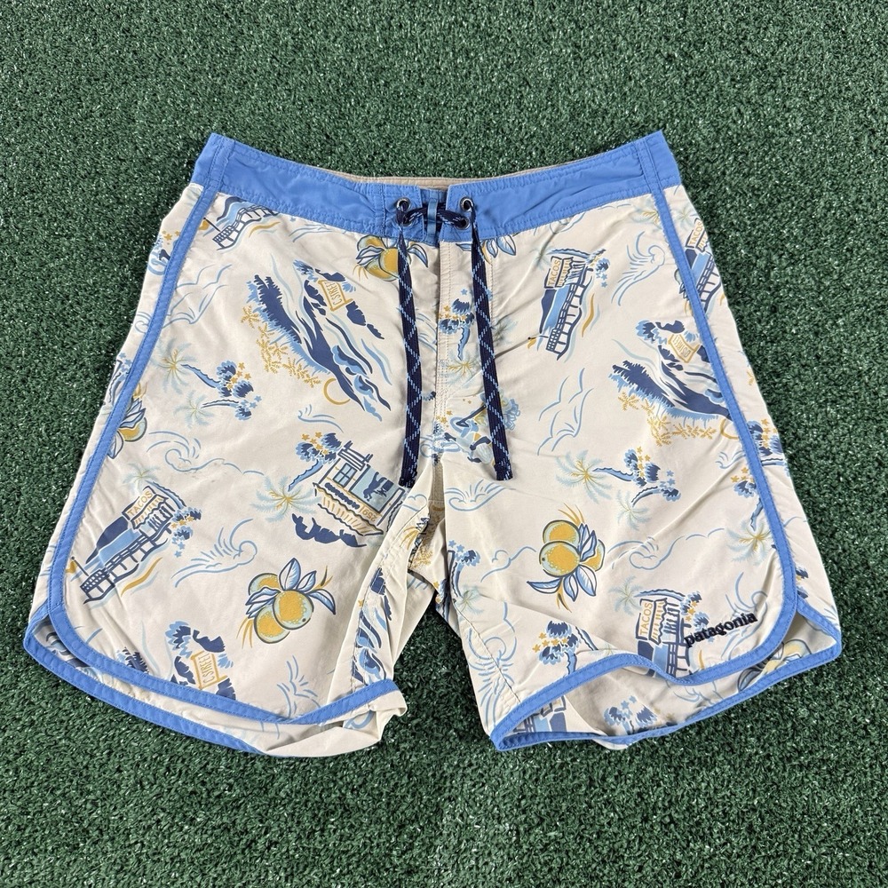 Patagonia Swim Trunks Men's Board Shorts Size 30 Blue All Over Print